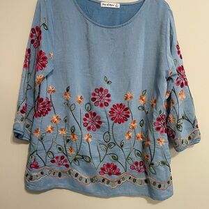 Floral Embroidered Blue Blouse ~ Size Small 
Ana & Rose